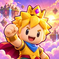 Gurken Arena app icon: a cheerful spiky-haired hero in a gold crown, yellow tunic and blue neckerchief raising a fist in front of a golden sky with floating islands and castles