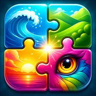 Jigsaw Snapscape app icon: four glossy jigsaw pieces showing an ocean wave, green hills, a sunset and a bird's eye, lit by a bright spark where they meet
