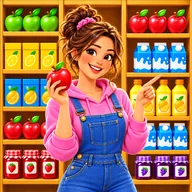 Shelf Safari app icon: a smiling shopper in a pink hoodie and denim dungarees holding a red apple in front of supermarket shelves